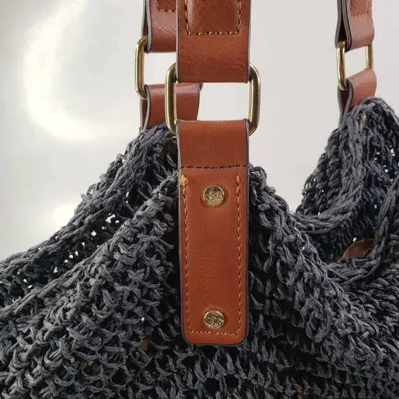 Tommy Bahama Women's Navy Blue Crochet Leather Braided Handle Shoulder Bag - Picture 4 of 9